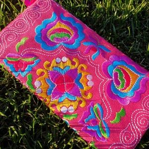Pink & Colorful Embroidered Boho Clutch Purse